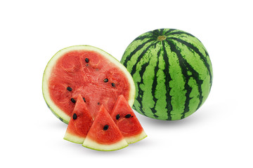 Single watermelon and sliced watermelon isolate on white background