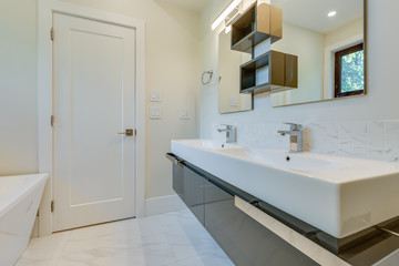 Interior design of a modern bathroom in a newly built house or apartment, hotel room.