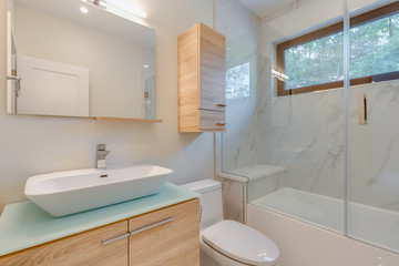 Interior design of a modern bathroom in a newly built house or apartment, hotel room.