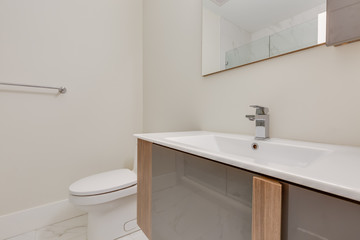 Interior design of a modern bathroom in a newly built house or apartment, hotel room.