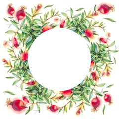 Watercolor illustration of a wreath of branches and ripe pomegranate fruit