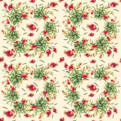 Fototapete Rund Seamless pattern with watercolor illustration of the branches and ripe pomegranate fruit © AnnaNenasheva