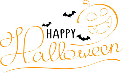 Vector calligraphic inscription Happy Halloween with bats and pumpkin.