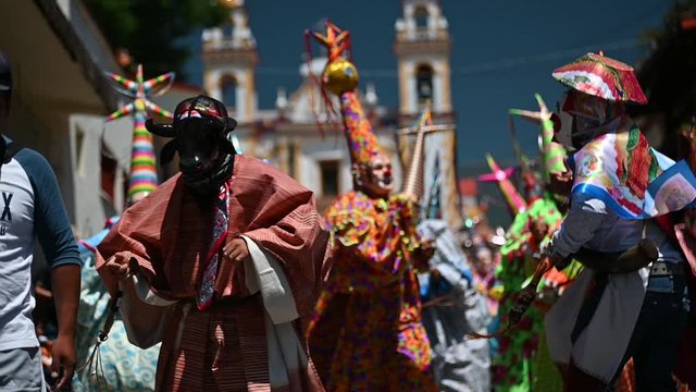 mexican dancers they are calls clowns or tocotines is a religious way to celebrate a holy maria magdalena in her patronal party at xico veracruz mexico