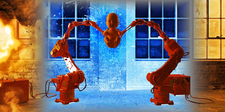 Genetics, robotic manipulators create an artificial child, conceptual representation of in vitro cloning and bioengineering, conceptual, 3d rendering, 3d illustration