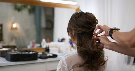 Door stickers Beauty salon Hairdresser making hairstyle on bride in beauty salon