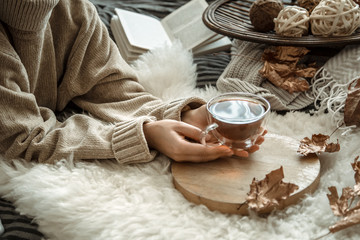 Obraz na płótnie Canvas Autumn still life girl holding a Cup of tea.