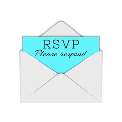 Abbreviation RSVP and please respond text to require confirmation of an invitation, realistic white letter and insert paper sheet mockup.