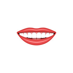 Smiling girl mouth with bright red lips and white teeth isolated on a white background. Illustration for a dental clinic or beauty industry.