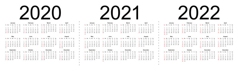 Simple editable vector calendars for year 2020 2021 2022. Week starts from Sunday. Isolated vector illustration on white background. - obrazy, fototapety, plakaty