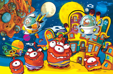 cartoon scene with some funny looking alien flying in ufo vehicle near some planet - white background - illustration for children