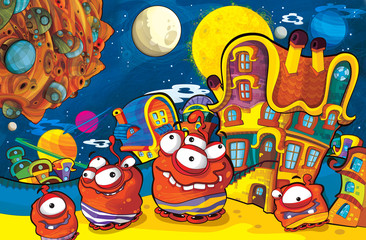 cartoon scene with some funny looking alien flying in ufo vehicle near some planet - white background - illustration for children
