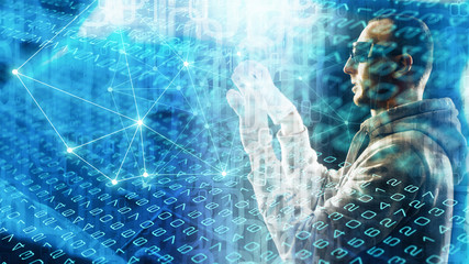 Artificial intelligence data chaos, cyber attacks and deep learning concept, science fiction background