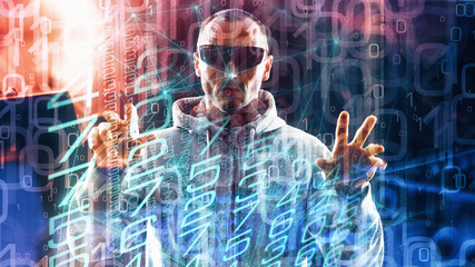 Cybercrime spy man in global network, cyber space abstract code, technology espionage
