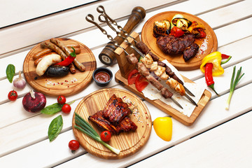 meat dishes, sausages, cold cuts, chicken legs