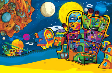 Obraz na płótnie Canvas cartoon scene with some funny looking alien flying in ufo vehicle near some planet - white background - illustration for children