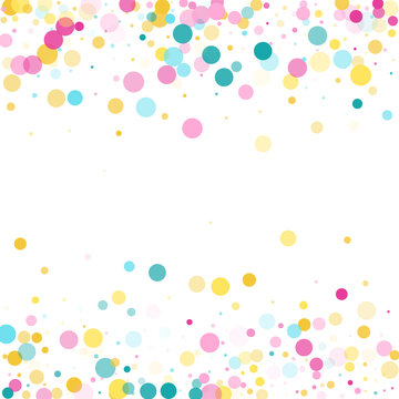 Memphis Round Confetti Festive Background In Cyan Blue, Pink And Yellow. Childish Pattern Vector.