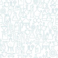 Fototapeta na wymiar Laboratory research equipment seamless pattern background. Chemistry science. Outline contour light coloured line.