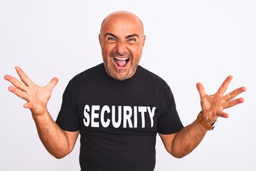 Middle age safeguard man wearing security uniform standing over isolated white background...