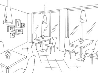 Cafe interior graphic black white sketch illustration vector