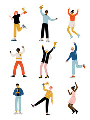 Fototapeta na wymiar Young People with Winner Cups Set, Happy Positive Men and Women Celebrating Victory, Successful People Concept Vector Illustration