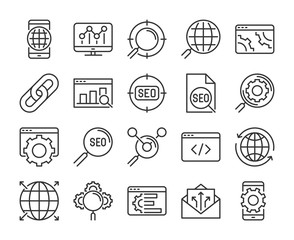 20 SEO icons. Search Engine Optimization line icon set. Vector illustration.
