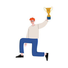 Young Man Standing on One Knee and Holding Cup Over Head, Happy Positive Guy Celebrating Victory, Successful People Concept Vector Illustration