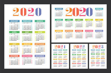 Calendar 2020, 2021, 2022 and 2023. English color vector set. Kid's wall or pocket calender template. Colorful big design collection. New year. Week starts on Sunday