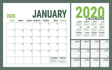 Calendar 2020. English calender template. Vector square grid. Office business planning. Creative design. Olive green color