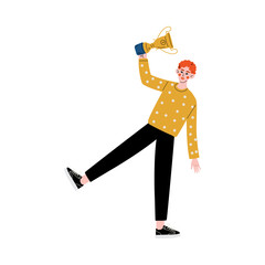 Young Man with Winner Cup, Happy Guy Celebrating and Rejoicing Victory, Successful People Concept Vector Illustration