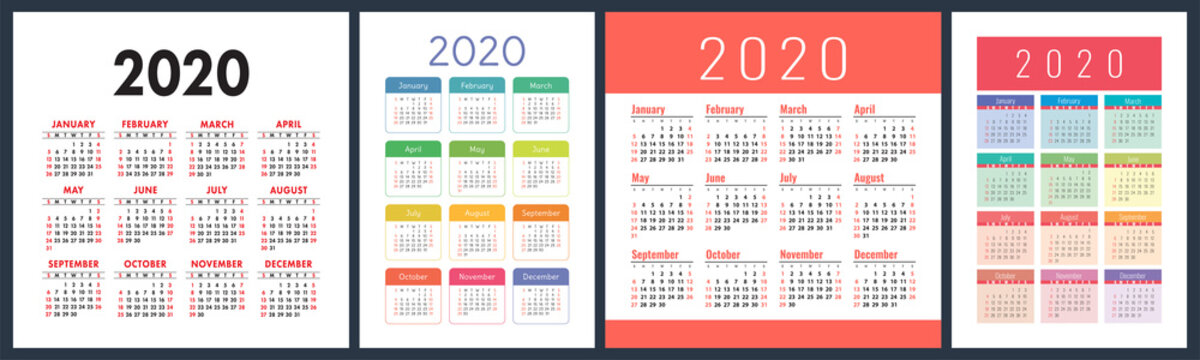 Calendar 2020 year set. Vector square and vertical calender design template. Colorful English collection. Week starts on Sunday