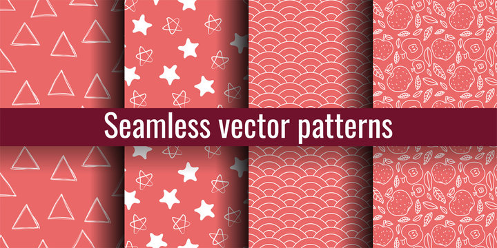 Coral red seamless pattern set. Triangle, star, wave and apple. Fashion print. Design elements for textiles or clothes. Hand drawn doodle cute wallpaper. Abstract background
