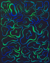Abstract print with blue and green curve lines on dark background. Applicable for greeting cards, wrapping paper, cosmetics packaging, posters, brochures, covers and banners.