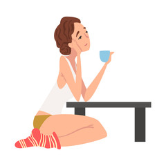 Dreaming Romantic Girl Sitting on the Floor at Coffee Table with Cup of Tea, Young Woman in Everyday Life, Daily Routine Vector Illustration