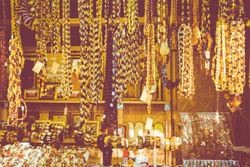 Amber pendants and necklaces at the street market of Curonian Spit, Kaliningrad region, Russia.