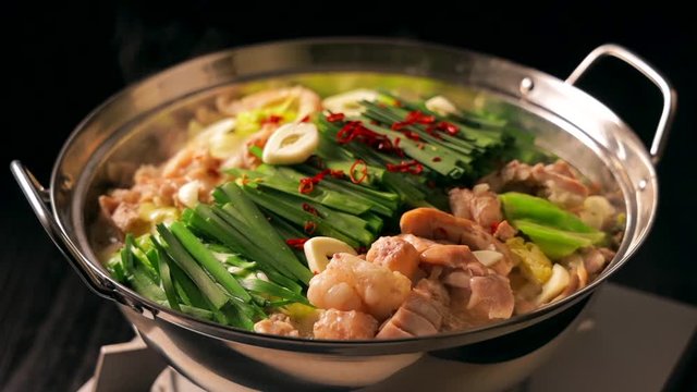 もつ鍋　Motsunabe. Giblets cooked in a hot pot Japanese food