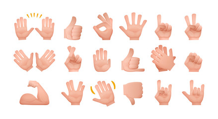 Obraz premium Big set of gestures of human hands, emoji hand sign, signals of people with signs, signs shown by the palm, with different emotions, non-verbal manual communication. Cartoon vector illustration.