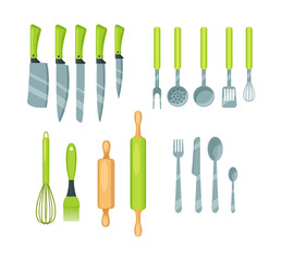 Set of kitchen utensils, cookware. Kitchenware instruments, accessories, kitchen tools collection, equipment for cooking. Household cartoon vector illustration isolated.
