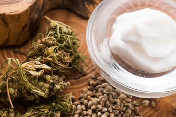 Cannabis oinment natural product. Cosmetic cream from natural hemp, moisturizing lotion with CBD content