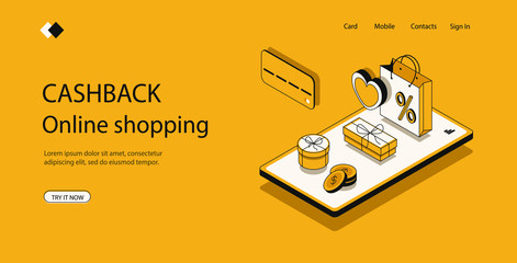 Concept online shopping, gift boxes and packages on screen mobile phone, program loyalty for regular customers, modern smartphone, payment bank card. 3d vector isometric illustration.