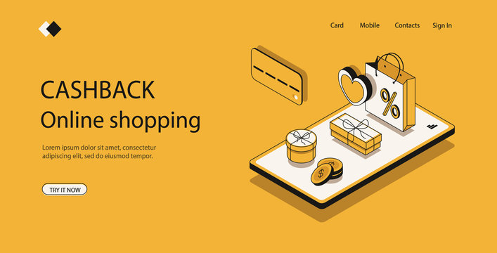 Concept online shopping, gift boxes and packages on screen mobile phone, program loyalty for regular customers, modern smartphone, payment bank card. 3d vector isometric illustration.