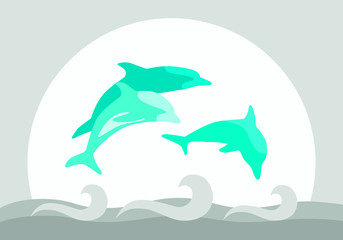 Vector illustration of blue dolphins jumping out of dirty water against the sun, pollution, logo
