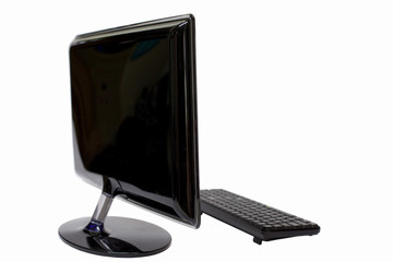 Modern flat screen computer monitor. Computer display isolated on white background, mock up devices in interior, Desktop computer and keyboard and mouse on white, White blank Monitor screen.