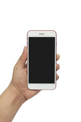 Man holding smartphone with blank screen on white background, closeup of hand. Space for text, hand, isolated male hand holding the phone tablet touch computer gadget with isolated display.