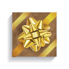 Brown gift box with big golden bow and ribbons isolated on white background. Christmas and Birthday package, selebration realistic gift box, top view