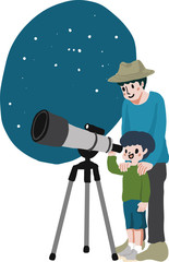 親子で天体観測するイラスト　