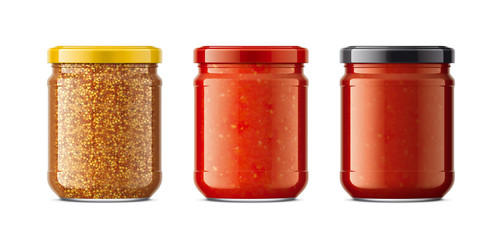 Set of Glass Jar with Sauces, Mustard. 