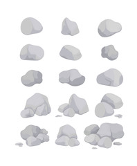 Vector color collection of illustrations of gray stones of various shapes