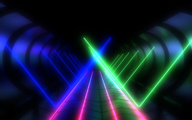 abstract architecture tunnel with neon light. 3d illustration