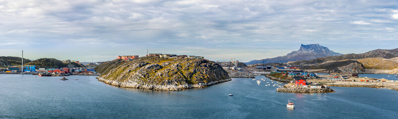 Panoramic view of the city, port and harbour of Nuuk in Greenland. © Ruben